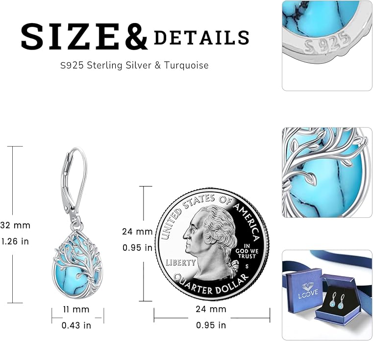 Black Cat/Turtle/Moonstone//Turquoise/Flower/Tree of Life Earrings Sterling Silver Cute Animal Leverback Dangle Earrings Jewelry Gifts