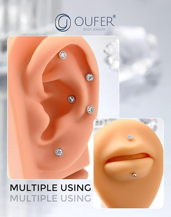 OUFER 925 Sterling Silver Helix Earrings Studs, 16G Flat Back Earrings, Silver Internally Threaded Cartilage Earrings Stud, Clear CZ Lip Rings, Ear Piercing Jewelry for Women Men