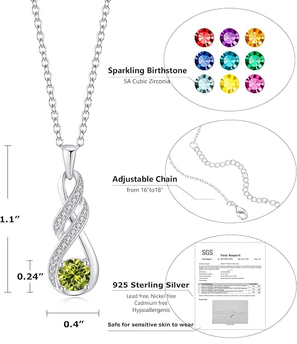 Birthstone Necklaces for Women 925 Sterling Silver Infinity Pendant Created Gemstone Jewelry for Her, 16"+2"