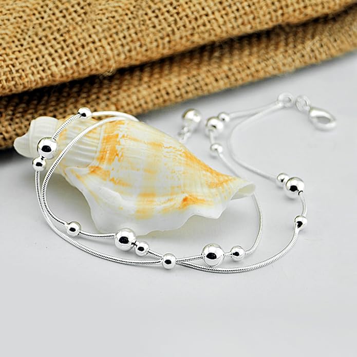 Womens Anklet 925 Sterling Silver Layered Anklet Bracelet Dainty Beaded Foot Chain Adjustable Summer 24k Gold Plated Beach Jewelry Gift