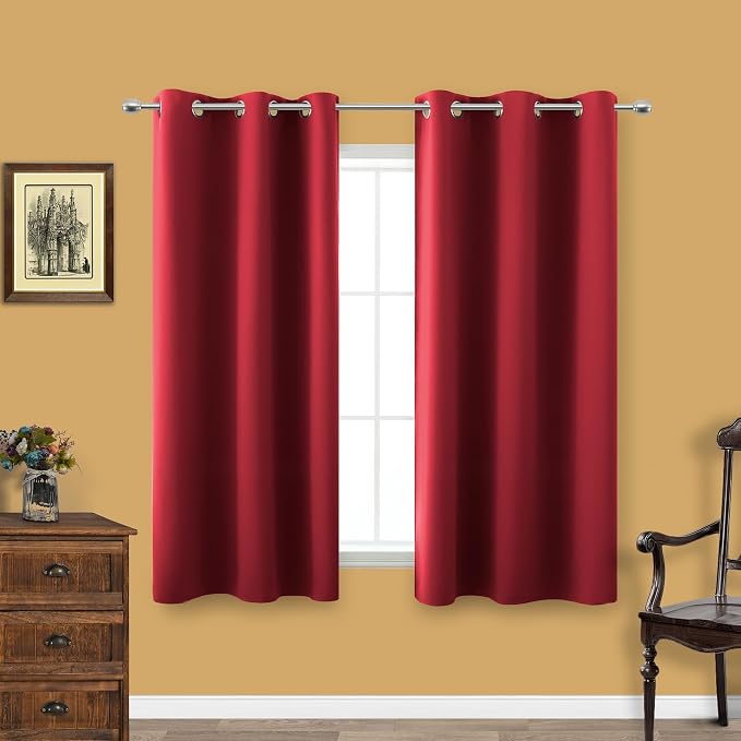 KOUFALL Red Kitchen Curtains,Short Blackout Window Curtains for Bathroom,45 Inch Length,Sets of 2 Piece