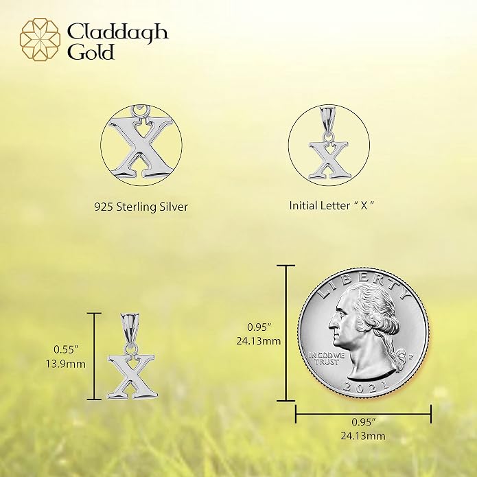Claddagh Gold .925 Sterling Silver Initial Pendant Charm – Personalized Alphabet Letter Jewelry in 0.80mm or 0.55mm Block Font