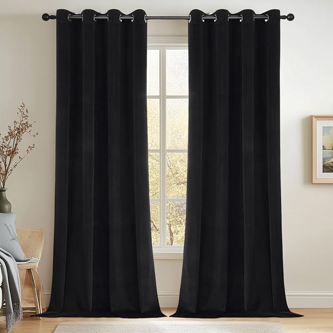 Joydeco 100% Blackout Velvet Curtains Black 84 Inch Grommet Top | Luxury Thermal Insulated Velvet Curtains for Bedroom Living Room, Soundproof Blackout Window Drapes