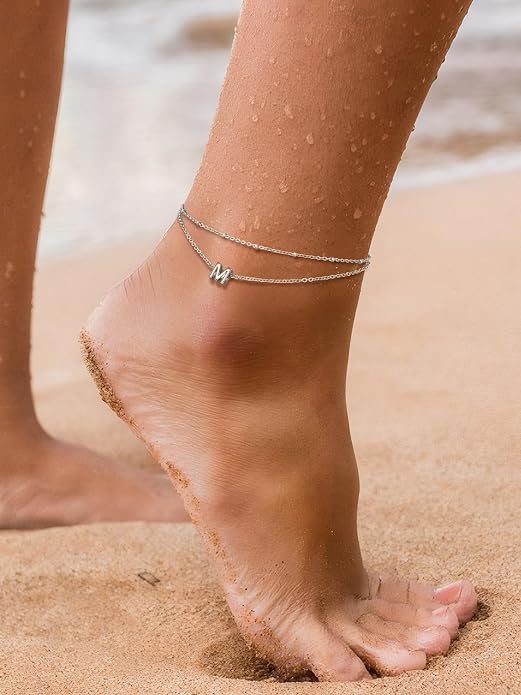 FaithHeart Initial Ankle Bracelets for Women, Waterproof 14k Gold Plated Initial Anklets Non Tarnish Stainless Steel Cute Layered Anklet Summer Beach Jewelry