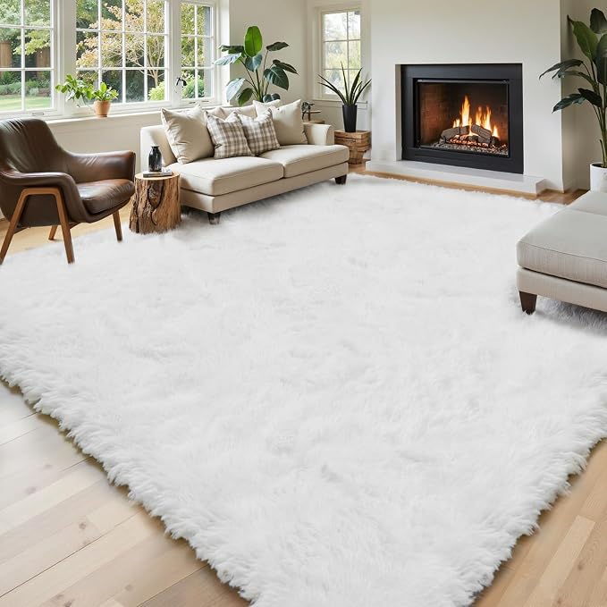 Area Rugs 9x12 Living Room,Large Area Rug Shaggy Carpet Soft Plush Furry Bedside Rug, Machine Washable Area Rugs for Bedroom Home Decor Non-Slip(9 x 12, White)