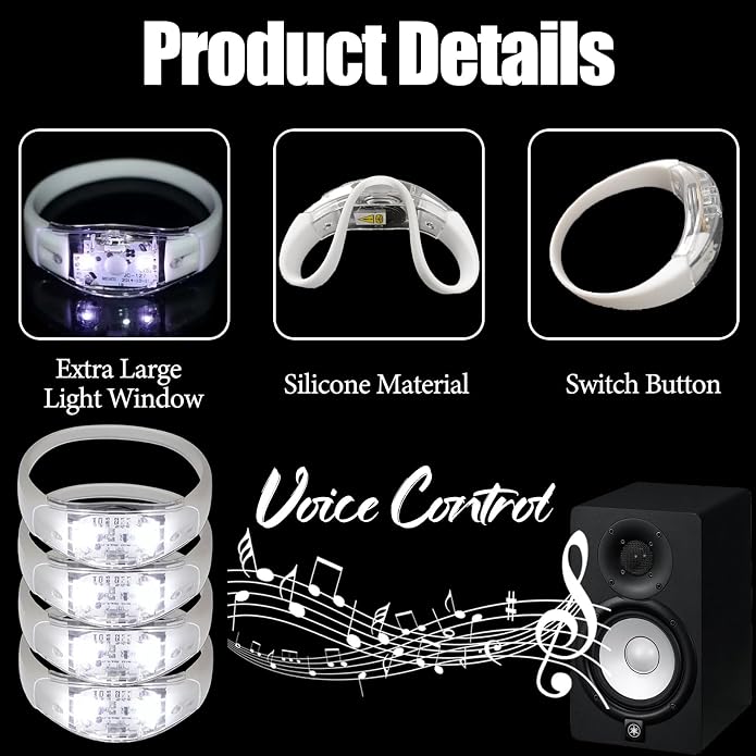 50 PCS Voice Activated Sound Control LED Flashing Bracelet colourful LED Glow Flashing Wristband Toys for Concerts, Sports, Night Events, Game Prizes, Party Favors