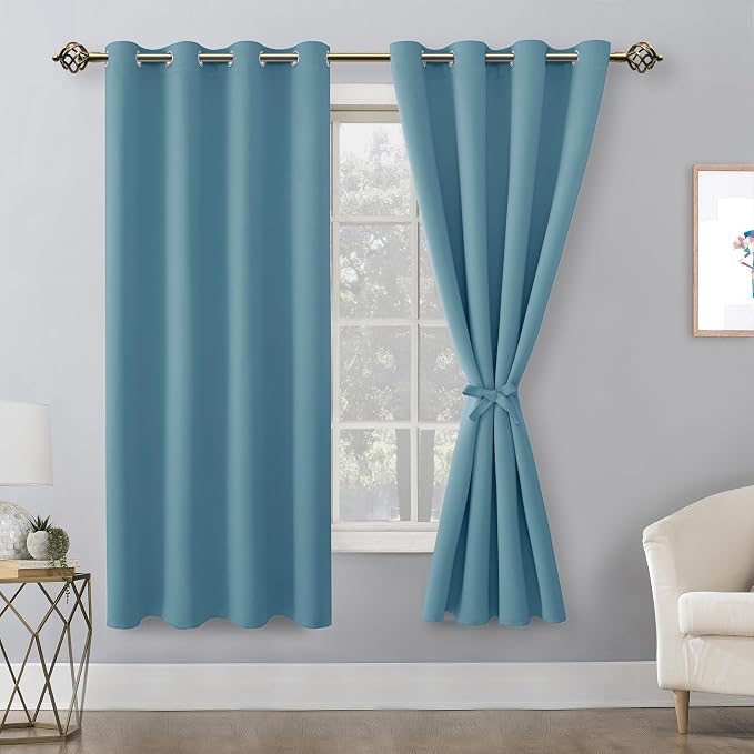 Hiasan Blackout Curtains for Bedroom, 52 x 63 Inches Length - Thermal Insulated & Light Blocking Window Curtains for Living Room, 2 Drape Panels Sewn with Tiebacks, Stone Blue