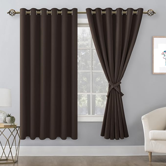Hiasan Grommet Blackout Curtains for Bedroom, 70 x 63 Inches - Thermal Insulated & Light Blocking Window Drapes for Living Room/Dorm Room, Set of 2 Panels Sewn with Tiebacks, Brown