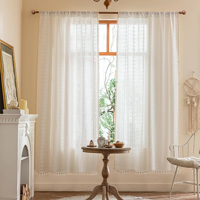 Ivory White Boho sheer curtains 72 inches long 2 Panels for Bedroom, Light Filtering Semi Sheer Bohemian French Country Privacy Tassels Vintage Embroidery Window Curtains Long Stripes Back Tab, 50" W