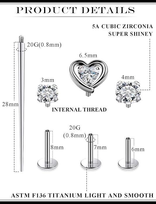 20G 18G 16G Astm F136 Titanium Internal Thread Flat Back Earrings Nose Studs Tragus Forward Helix Conch Cartilage Lobe Earring Stud Medusa Labret Monroe Lip Ring Piercing Jewelry For Women Men