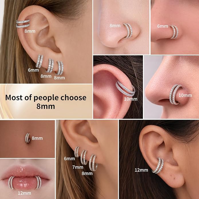 20/16G CZ Hinged Nose Rings Hoop, 316L Surgical Stainless Steel Cartilage Earring, Septum Clicker Ring, Daith Helix Rook Tragus Conch Lip Lobe Piercing Jewelry