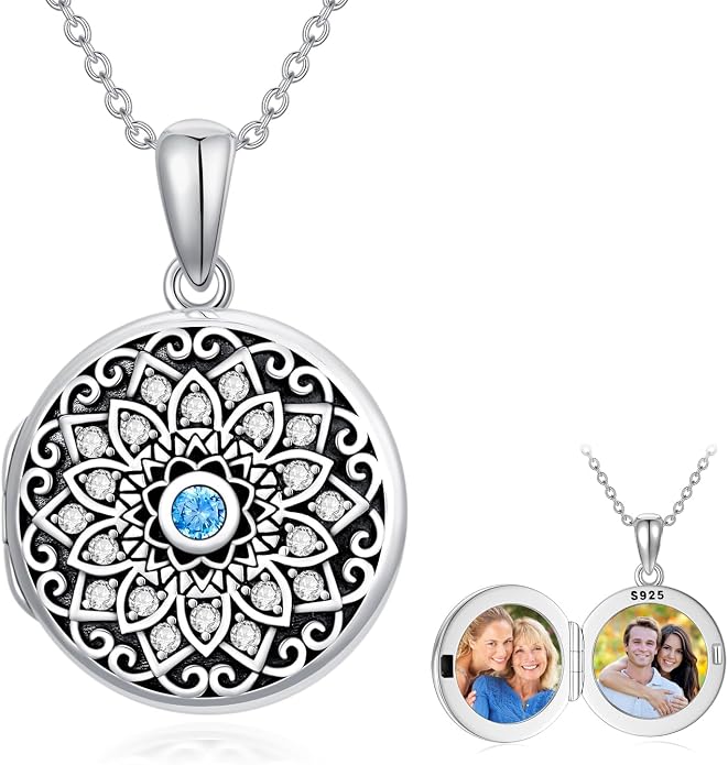 Round/Heart/Oval Shape Locket Necklace That Holds Pictures 925 Sterling Silver Personalized Birthstone Photos Engraved Locket Pendant Birthday Memorial Jewelry Gift for Women