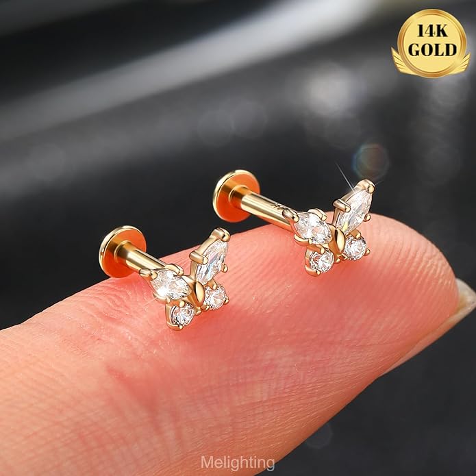 Melighting 14k Solid Gold Cartilage Earring 16G Internally Threaded Butterfly Flat Back Helix Piercing Jewelry Clear CZ Tragus Conch Stud for Women 6/8 mm