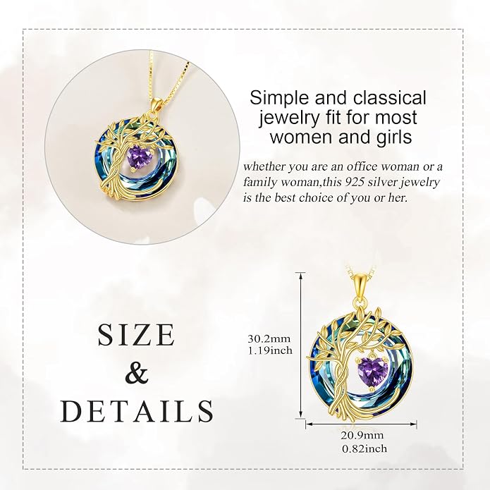 POPLYKE Mothers Day Gifts for Mom Her Wife Tree of Life Necklace 925 Sterling Silver Birthstone Pendant with Crystal Anniversary Birthday Wedding Jewelry for Women