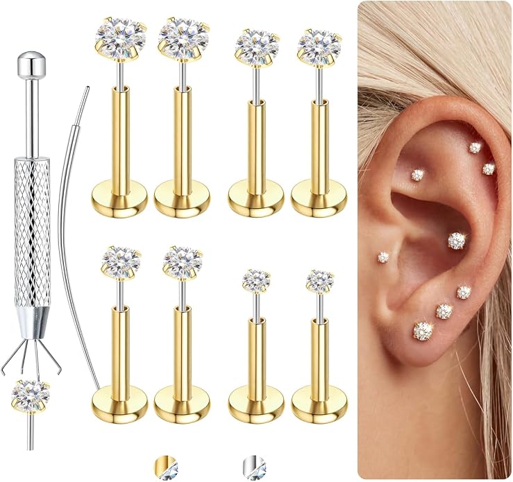 LOLIAS 4 Pairs Moissanite Flat Back Earrings Hypoallergenic-Threadless Push in Nose Rings Studs for Women Men 14K Gold Plated Surgical Steel Cartilage Helix Tragus Labret Piercing Jewelry Kit Taper Ball Grabber Tool 20G 18G 16G