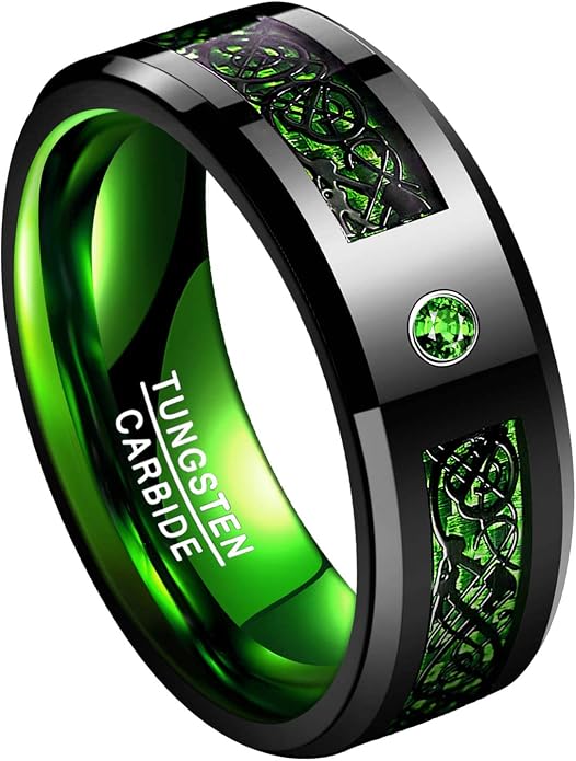 TUNGSTORY 8mm Black Celtic Dragon Tungsten Carbide Wedding Ring with Green Carbon Fiber and CZ Inlay Polished Finish Beveled Edge Size 6-16