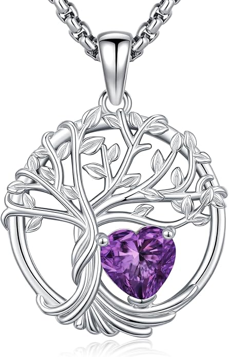 Birthstone Tree of Life Necklace for Women Heart Crystal Pendant Silver Plated Birthday Anniversary Jewelry for Wife, Mom, and Her