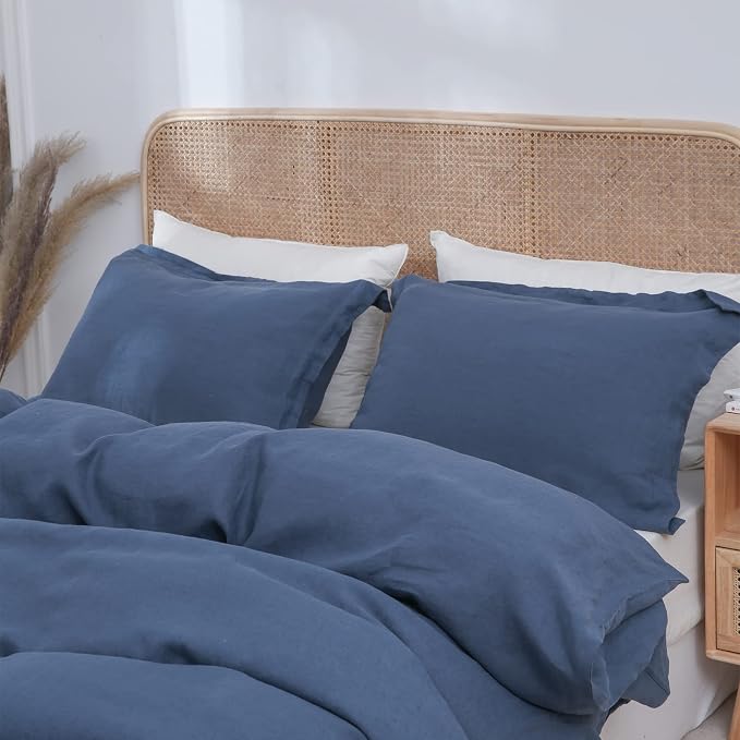 Simple&Opulence 100% Linen Duvet Cover Set 2pcs Basic Style Natural French Washed Flax Solid Color Soft Breathable Farmhouse Bedding with Button Closure - Classic Blue, Twin