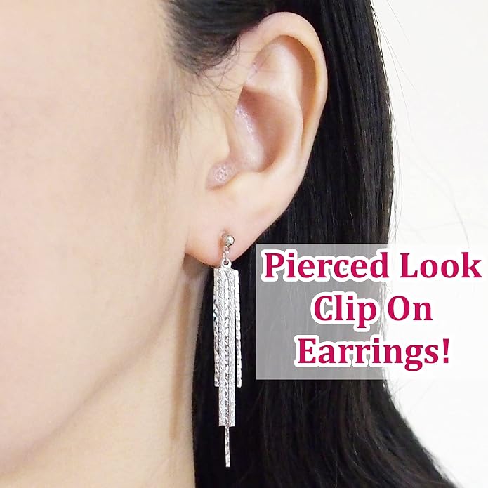 Comfortable Stick Invisible Clip On Earrings Gold Dangle Long Waved Threader Bar Clip-On Non Pierced Earrings Silver For Women,…