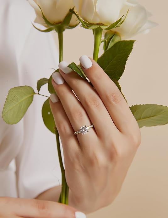 EAMTI 925 Sterling Silver 1.2 CT Round Solitaire Cubic Zirconia Engagement Ring Halo Promise Ring Size 3-13