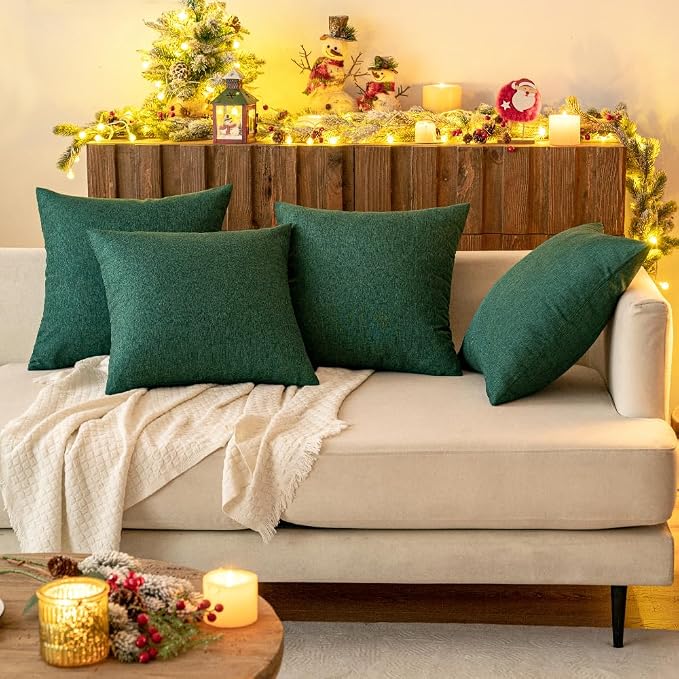 MIULEE Pack of 2 Decorative Outdoor Solid Waterproof Throw Pillow Covers Faux Linen Garden Farmhouse Cushion Cases for Patio Tent Balcony Couch Sofa 18x18 Inch Emerald Green