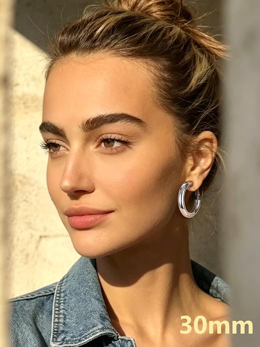Bestyle 5mm Thick Gold Hoop Earrings Hypoallergenic Hoops for Sensitive Ears Trendy Lightweight Chunky Earrings for Women 30/40/60/80mm