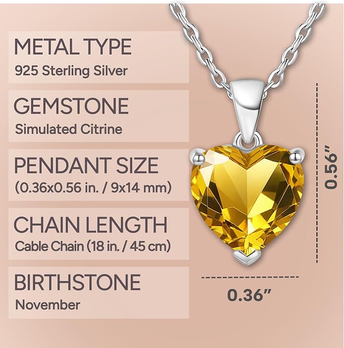 ADITA GOLD Bithstone Heart Necklace for Women with 925 Sterling Silver Chain, Simulated Birthstone Pendant, Jewelry