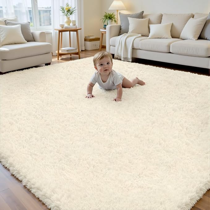 6x9 Area Rug for Living Room, Ultra Soft Fluffy Shag Rugs for Bedroom, Non-Slip Large Fuzzy Plush Rug Indoor Floor Carpet for Nursery Kids Office Dorm Modern Decor, Cream White