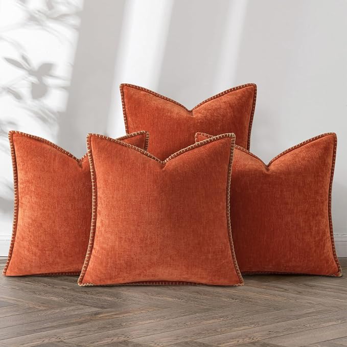 decorUhome Fall Soft Decorative Chenille Throw Pillow Covers 16x16 Set of 4 | Burnt Orange Decorative Modern Farmhouse Neutral Pillow Cases with Stitched Edge for Couch Sofa Bed Living Room Home Decor