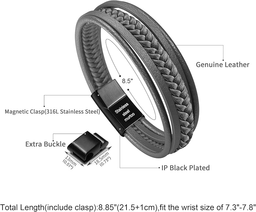 murtoo Mens Leather Bracelet with Clasp Cowhide Multi-Layer Braided Leather Mens Bracelet