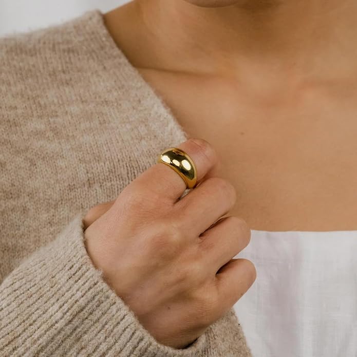 NOKMIT Chunky Dome Rings for Women Dainty 14K Gold Silver Tone Cute Bold Dome Statement Ring Thick Minimalist Thumb Band High Polished Smooth Comfort Fit Size 5-10