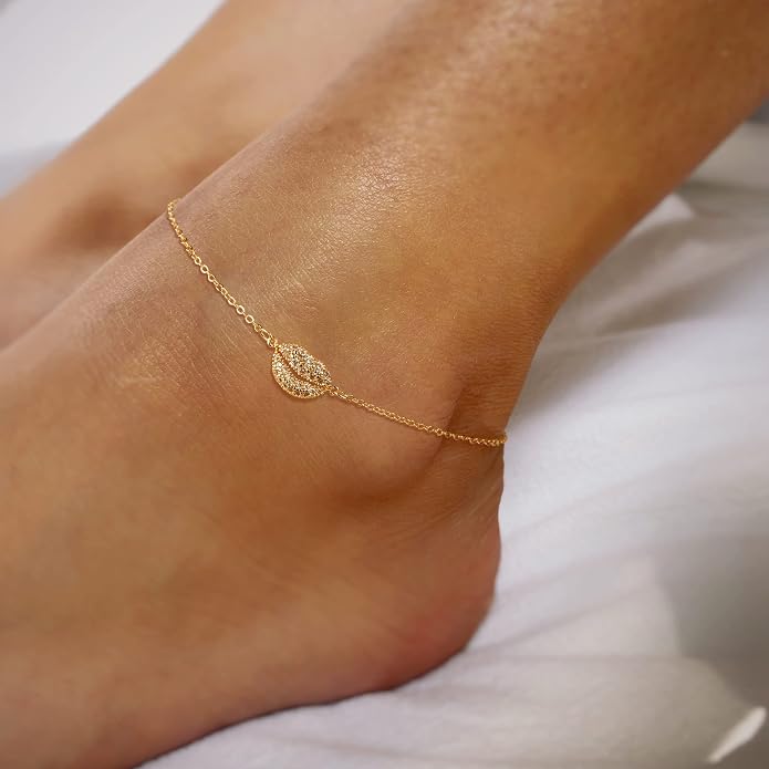 LOYATA Dainty Ankle Bracelet,14K Gold Plated Tiny Bead Anklet Dainty White Cubic Zirconia Cross Tassel Foot Chain Cute Lucky Moon Evil Eye Foot Jewelry Boho Anklets for Women