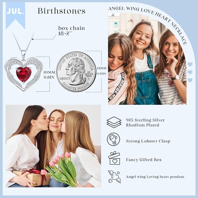 Heart Necklaces for Women Mother's day Gifts, Birthstone 925 Sterling Silver Angel Wings Love Pendant Necklaces for Women, Jewelry Gifts for Wife, Anniversary, Birthday