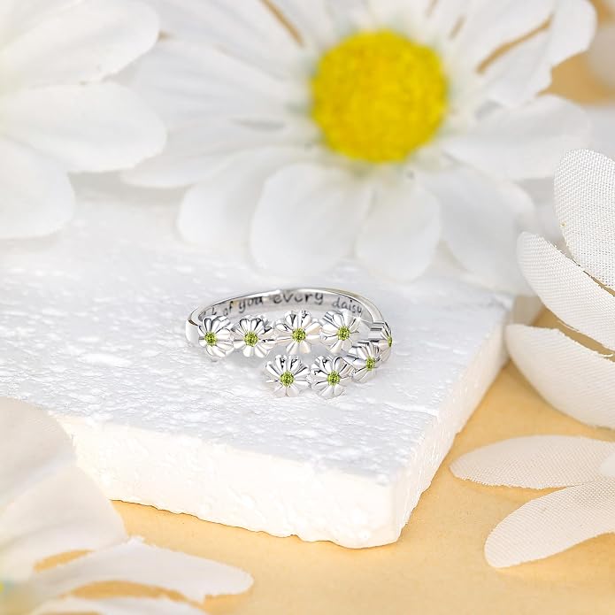 Dainty Daisy Ring for Women, S925 Sterling Silver Cubic Zirconia Sunflower Flower Ring For Daughter, I Think Of You Every Daisy Ring, Birthstone Flower Ring
