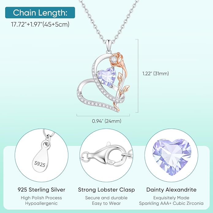 Rose Heart Birthstone Necklace for Women - Dainty 925 Sterling Silver Necklaces for Women Trendy CZ Pendant Necklace Jewelry Birthday Anniversary Christmas Gifts for Girlfriend Mom Lady Daughter