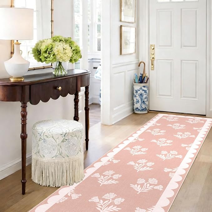 Non Slip Washable Kitchen Runner Rug - 2x8 Long Pink Hallway Runner Rugs Soft Boho Runners for Hallways Preppy Scalloped Area Rug for Bedroom Entryway Laundry Room Bathroom Foyer