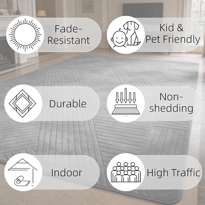 5x7 Gray Modern Geometric Area Rug for Living Room Bedroom, Washable | High-Low Pile Minimalist Textured Carpet, Ultra Soft, Fluffy Floor Rugs for Bedroom, Kids Room, Nursery, Home Décor, Grey