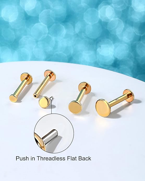 Melighting 14K Gold Threadless Earrings 16G Gold Flat Back Earrings Tiny Flat Disc Threadless Push in Labret Stud Gold Tragus Piercing Jewelry for Women Conch Helix Stud