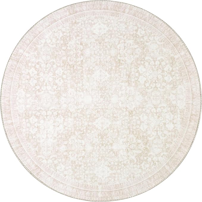 Sasttie Round Rug 4ft, Ultra-Soft Washable Circle Rug, Low Pile Foldable Thin Carpets with Non-Slip Backing, Skin-Friendly Stain Resistant Carpet for Living Room, Bedroom, Kitchen, Dorm, 4ft, Cream