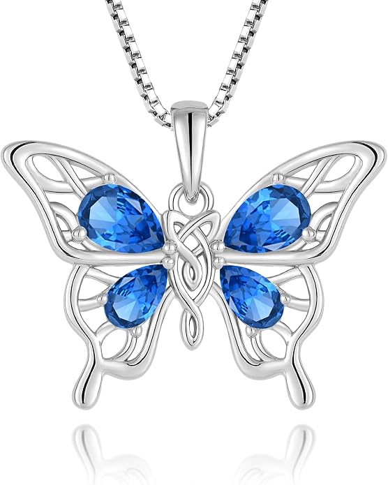 Butterfly Necklace 925 Sterling Silver Celtic Knot Pendant Teardrop Birthstone Twisted Jewelry for Women