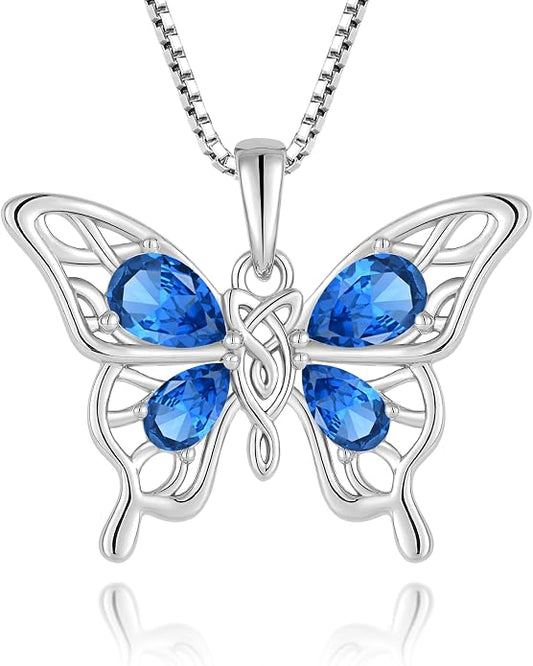 Butterfly Necklace 925 Sterling Silver Celtic Knot Pendant Teardrop Birthstone Twisted Jewelry for Women