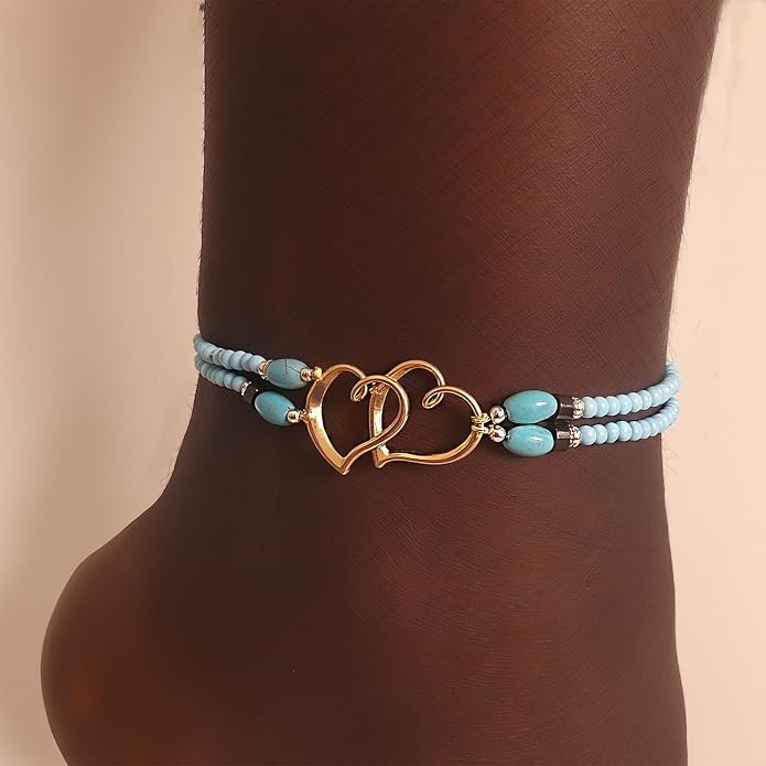 Elastic Beaded Ankle Bracelets for Women Double Heart Layered Stretch Ankle Bracelets Waterproof Dainty Boho Beaded Anklets for Summer Beach Foot Jewelry