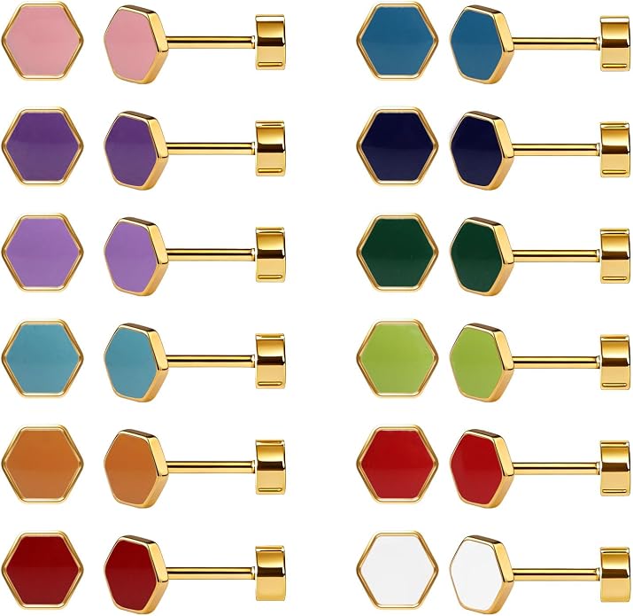 JMLOON 12 Pairs Enamel Flat Back Stud Earrings Surgical Stainless Steel Round Heart Star Square Hexagon Screw Back Stud Earrings