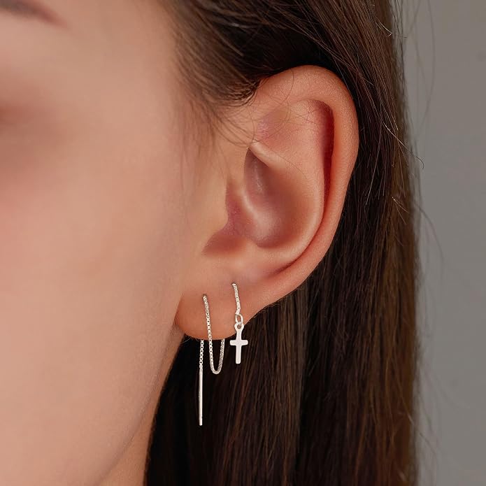 Cross Threader Earrings for Women 925 Sterling Silver Dainty Long Chain Ear Line 14K Gold Plated Elegant Cross Faith Dangle Tassel Earrings Hypoallergenic Drop Stud Christian Wedding Jewelry Gift