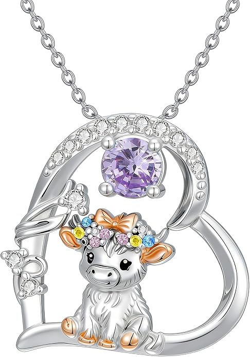 Highland Cow Gifts for Women 925 Sterling Silver Highland Cow Birthstone Necklace Fluffy Cow Jewelry Gifts Birthday Christmas