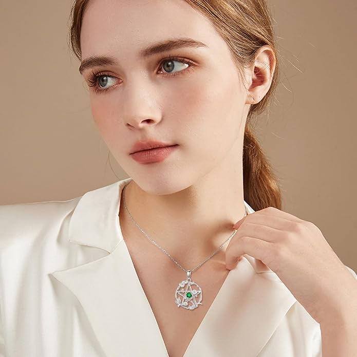 Birthstone Pentagram Necklace for Women 925 Sterling Silver Pentacle Daisy Pendant Pentacle Jewelry Birthday Gifts