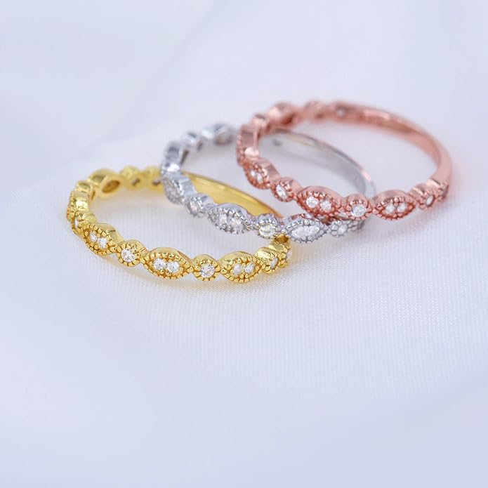 espere Milgrain Marquise & Round Cubic Zirconia Half Eternity Ring Stacking Infinity Wedding Band Sterling Silver 925 Size 3.5-10.5 3 Colors Available Half