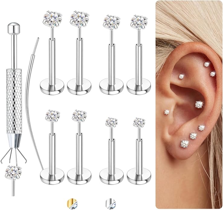 LOLIAS 4 Pairs Moissanite Flat Back Earrings Hypoallergenic-Threadless Push in Nose Rings Studs for Women Men 14K Gold Plated Surgical Steel Cartilage Helix Tragus Labret Piercing Jewelry Kit Taper Ball Grabber Tool 20G 18G 16G