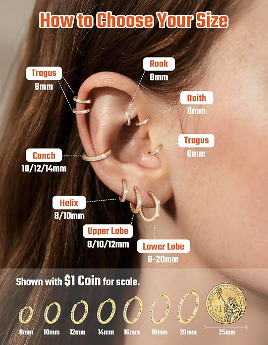 JustBeingCute 925 Sterling Silver Hoop Earrings for Women 14K Gold Plated Small Huggie Earrings Hypoallergenic Cubic Zirconia Cartilage Hoop Earring(8/10/12/14/16/18/20mm)