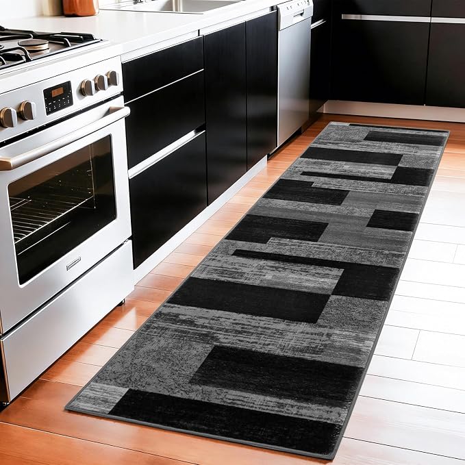 LIANLAM 2x6 Washable Runner Rug for Hallway&Kitchen(2x6,Black&Gray) | Non-Slip Long Carpet with Vintage Checkered Design, Low Pile,Stain Resistant Easy Clean Floor Mat for High Traffic Areas
